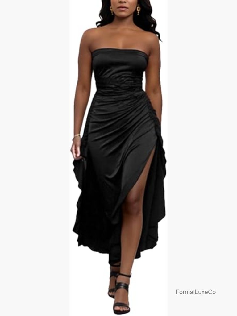 Strapless High Slit Maxi Bodycon Dress With Ruffle Hem